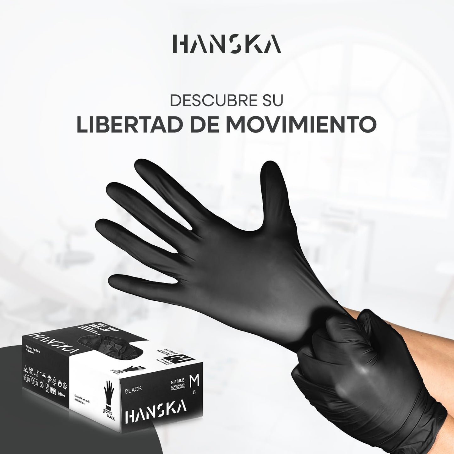 HANSKA Guantes desechables de nitrilo negros – Sin polvo – Desechar– Ambidextros – No estériles – Base de goma – Apto para ámbitos médicos, manipulación de alimentos (100, M)