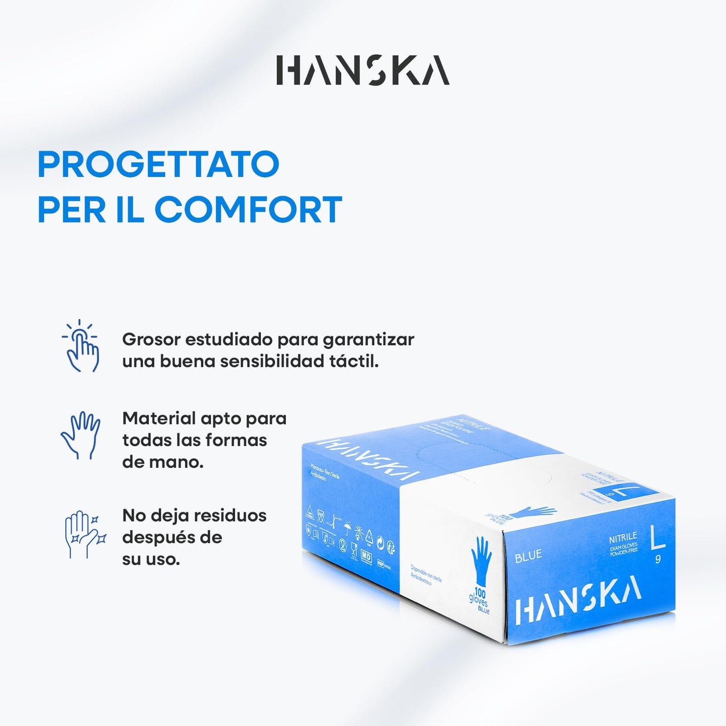 HANSKA Paquete de 100 guantes desechables de nitrilo Azul - Sin polvo - Desechables - Ambidiestros - Base de goma - Apto para uso médico y manipulación de alimentos (100, L)