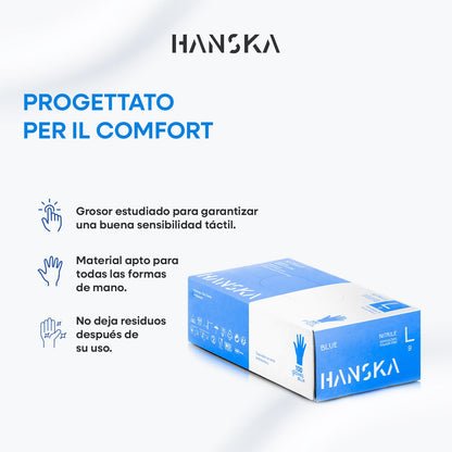 HANSKA Paquete de 100 guantes desechables de nitrilo Azul - Sin polvo - Desechables - Ambidiestros - Base de goma - Apto para uso médico y manipulación de alimentos (100, L)