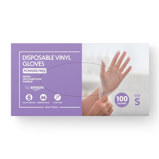 by Amazon Guantes Desechables de Vinilo, sin Polvo, sin Látex, Talla S, Paquete de 100, Transparentes