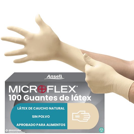Ansell MicroFlex 63-864 Guantes Desechables Sin Polvo, Dedos Texturizados y Reforzados, Protección Mecánica, Seguridad Alimentaria, Látex de Caucho Natural, Blanco, Talla L (100 Guantes)