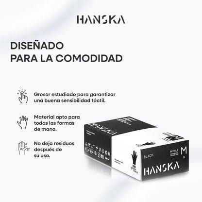 HANSKA Guantes desechables de nitrilo negros – Sin polvo – Desechar– Ambidextros – No estériles – Base de goma – Apto para ámbitos médicos, manipulación de alimentos (100, M)