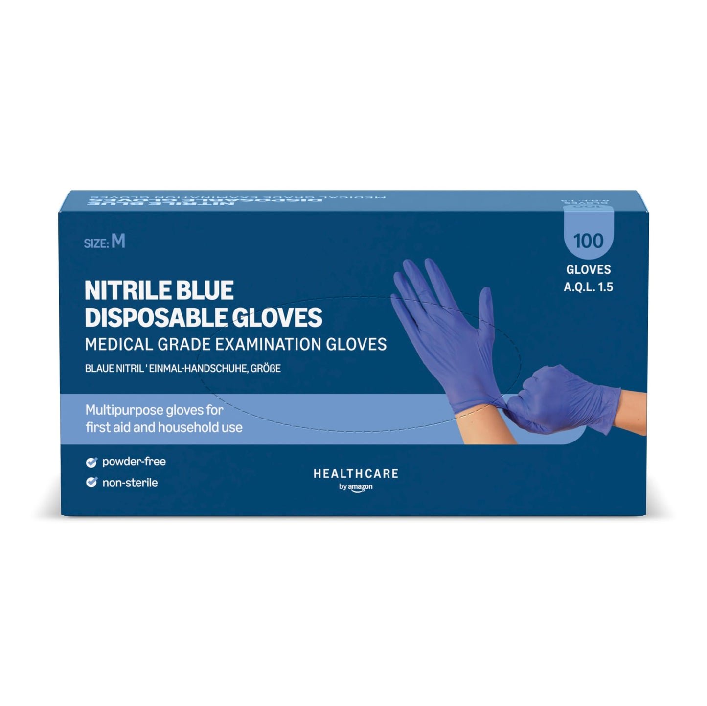 by Amazon Guantes Desechables de Nitrilo Azules, sin Polvo, sin Látex, Talla M, Paquete de 100