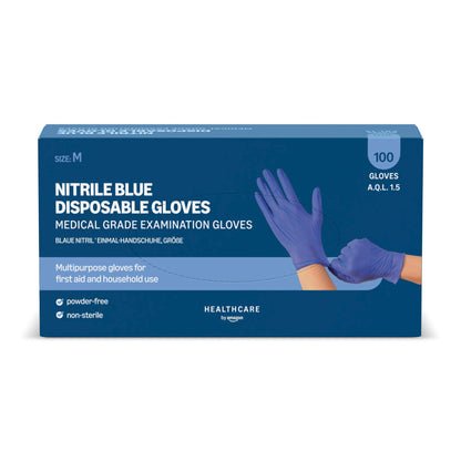 by Amazon Guantes Desechables de Nitrilo Azules, sin Polvo, sin Látex, Talla M, Paquete de 100