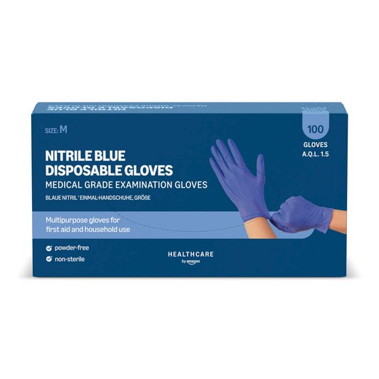 by Amazon Guantes Desechables de Nitrilo Azules, sin Polvo, sin Látex, Talla M, Paquete de 100