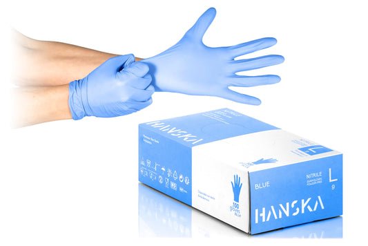 HANSKA Paquete de 100 guantes desechables de nitrilo Azul - Sin polvo - Desechables - Ambidiestros - Base de goma - Apto para uso médico y manipulación de alimentos (100, L)