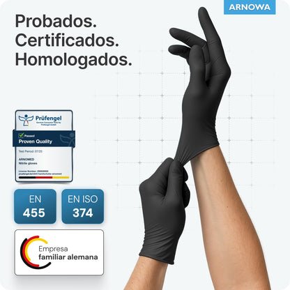 100x ARNOMED® Guantes nitrilo talla L Negro, Guantes desechables quirurgicos y laboratorio, Luvas nitrilo descartaveis sin polvo y látex, Manoplas nitrilo en XS, S, M, L, XL, XXL