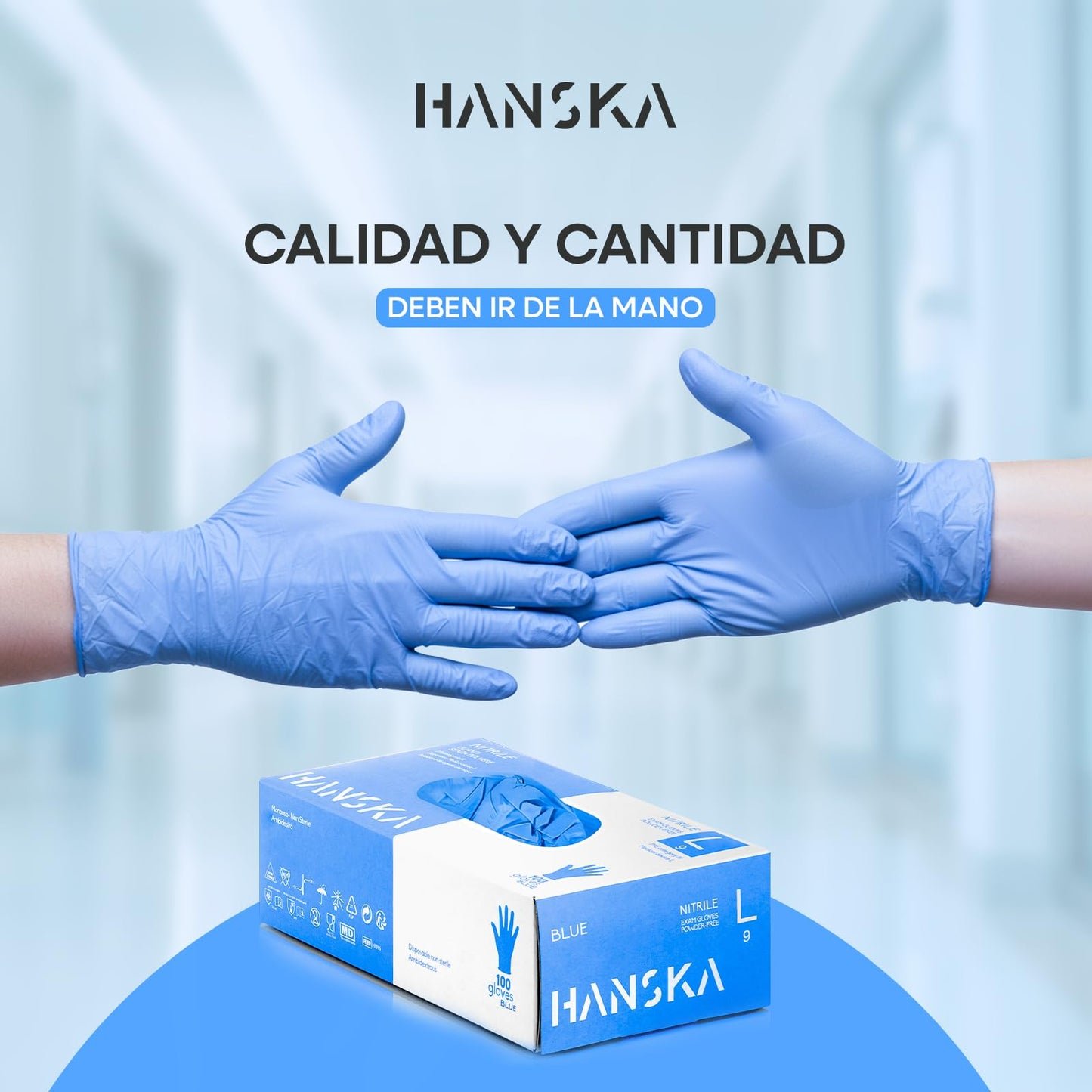 HANSKA Paquete de 100 guantes desechables de nitrilo Azul - Sin polvo - Desechables - Ambidiestros - Base de goma - Apto para uso médico y manipulación de alimentos (100, L)