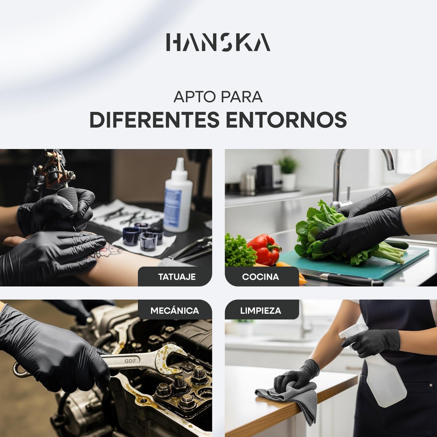 HANSKA Guantes desechables de nitrilo negros – Sin polvo – Desechar– Ambidextros – No estériles – Base de goma – Apto para ámbitos médicos, manipulación de alimentos (100, M)