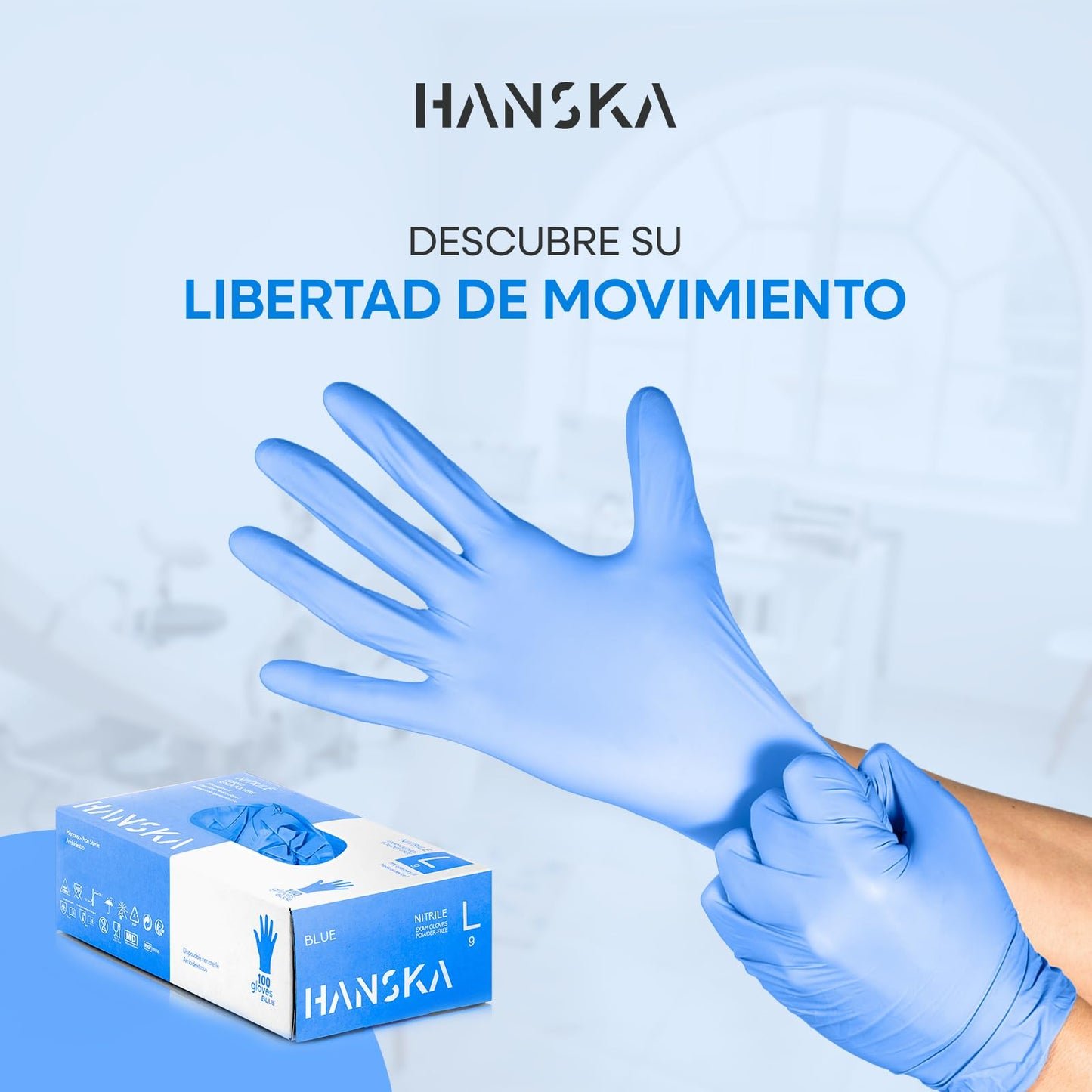HANSKA Paquete de 100 guantes desechables de nitrilo Azul - Sin polvo - Desechables - Ambidiestros - Base de goma - Apto para uso médico y manipulación de alimentos (100, L)