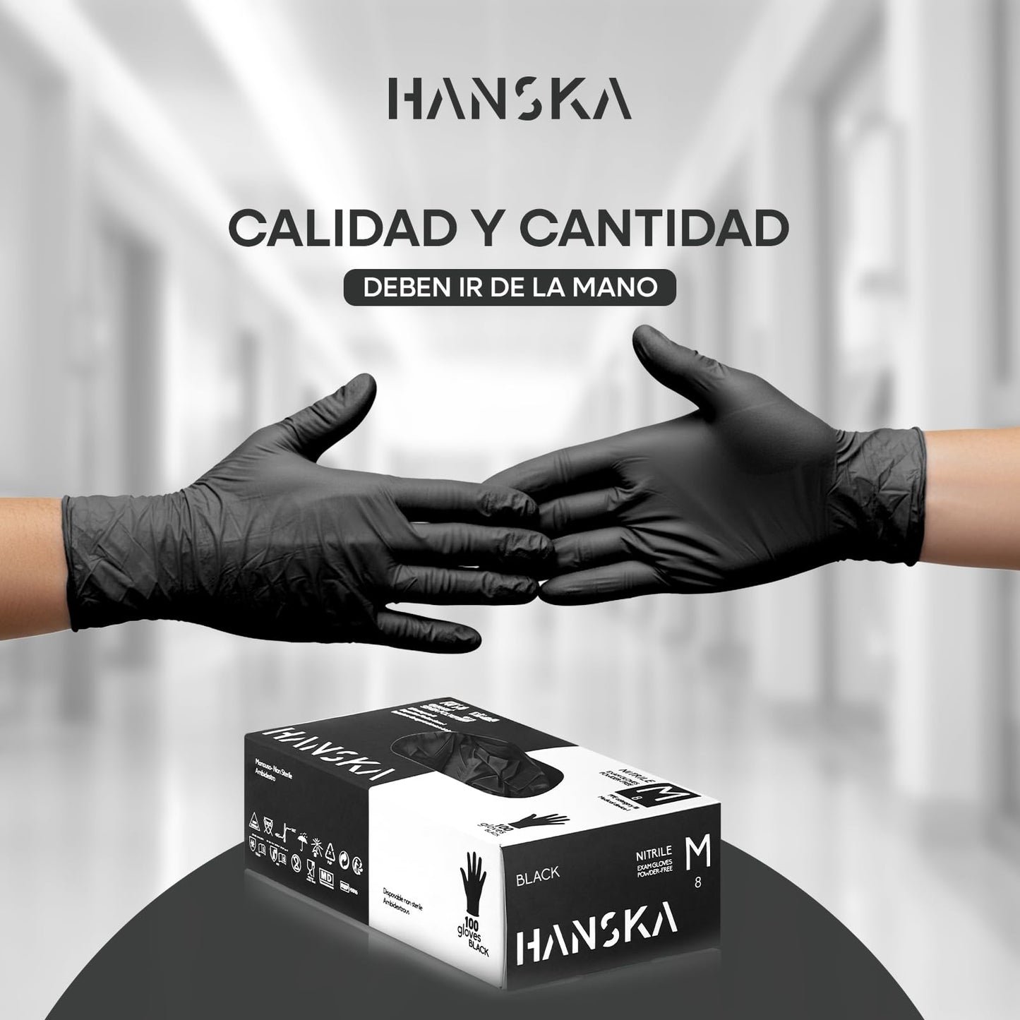 HANSKA Guantes desechables de nitrilo negros – Sin polvo – Desechar– Ambidextros – No estériles – Base de goma – Apto para ámbitos médicos, manipulación de alimentos (100, M)