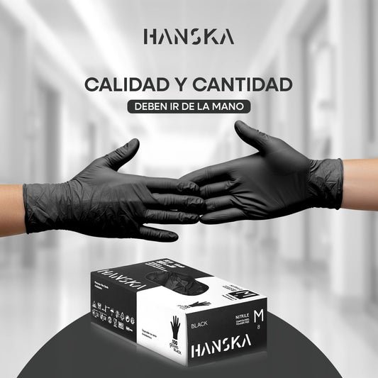 HANSKA Guantes desechables de nitrilo negros – Sin polvo – Desechar– Ambidextros – No estériles – Base de goma – Apto para ámbitos médicos, manipulación de alimentos (100, M)