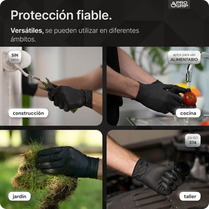 50x PROGRIP Guantes nitrilo talla L Negro [Con doble grosor y textura diamante], Guantes desechables de nitrilo para taller, industria y montaje, Luvas nitrilo descartaveis