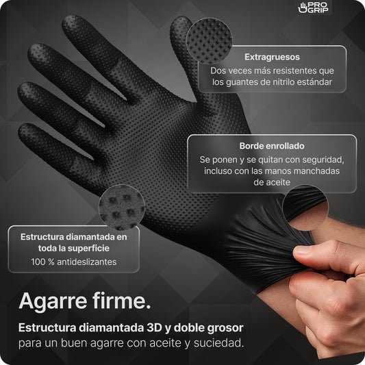 50x PROGRIP Guantes nitrilo talla L Negro [Con doble grosor y textura diamante], Guantes desechables de nitrilo para taller, industria y montaje, Luvas nitrilo descartaveis