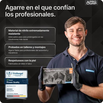 50x PROGRIP Guantes nitrilo talla L Negro [Con doble grosor y textura diamante], Guantes desechables de nitrilo para taller, industria y montaje, Luvas nitrilo descartaveis