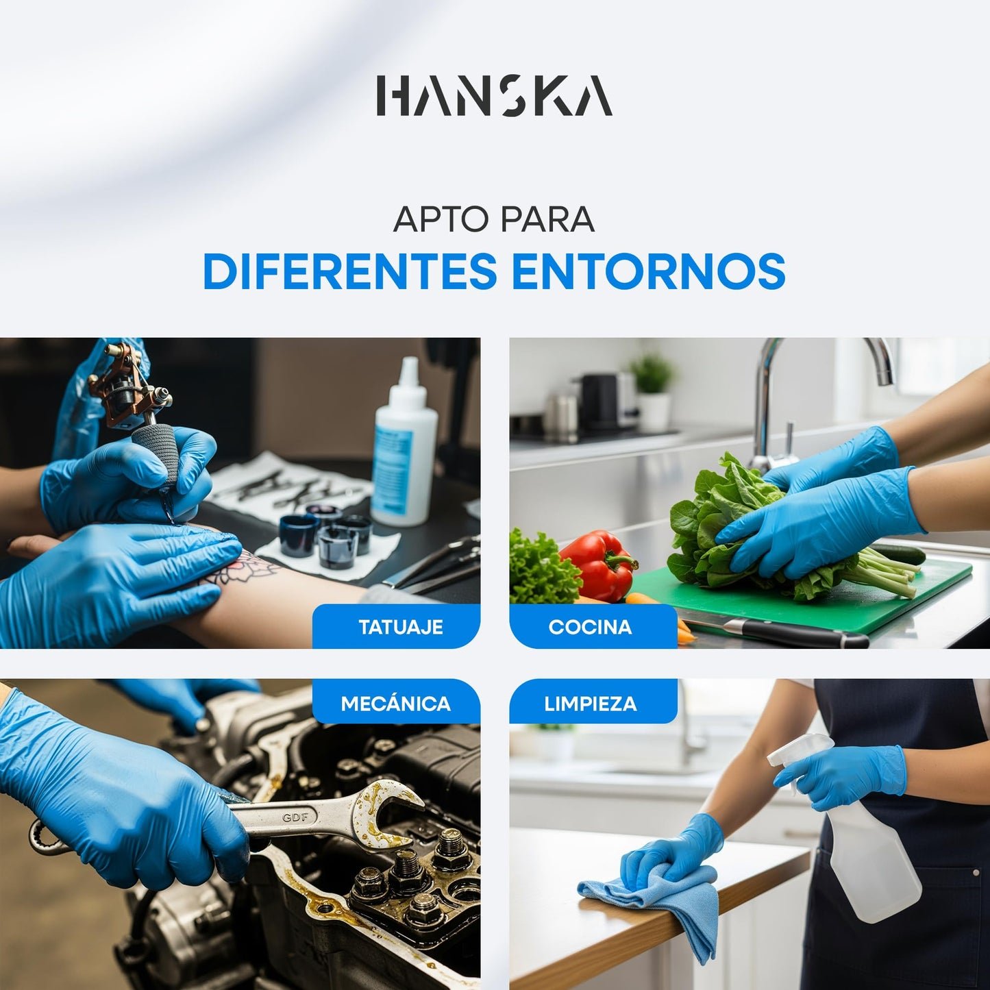HANSKA Paquete de 100 guantes desechables de nitrilo Azul - Sin polvo - Desechables - Ambidiestros - Base de goma - Apto para uso médico y manipulación de alimentos (100, L)